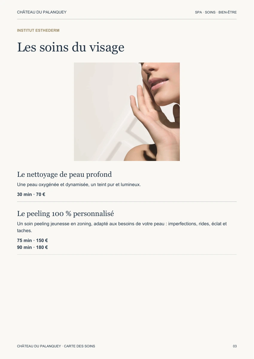 Les soins du visage — carte des soins du Château du Palanquey