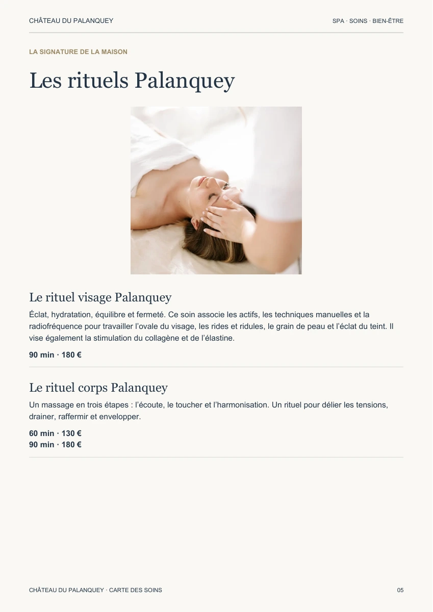 Les rituels Signature — carte des soins du Château du Palanquey
