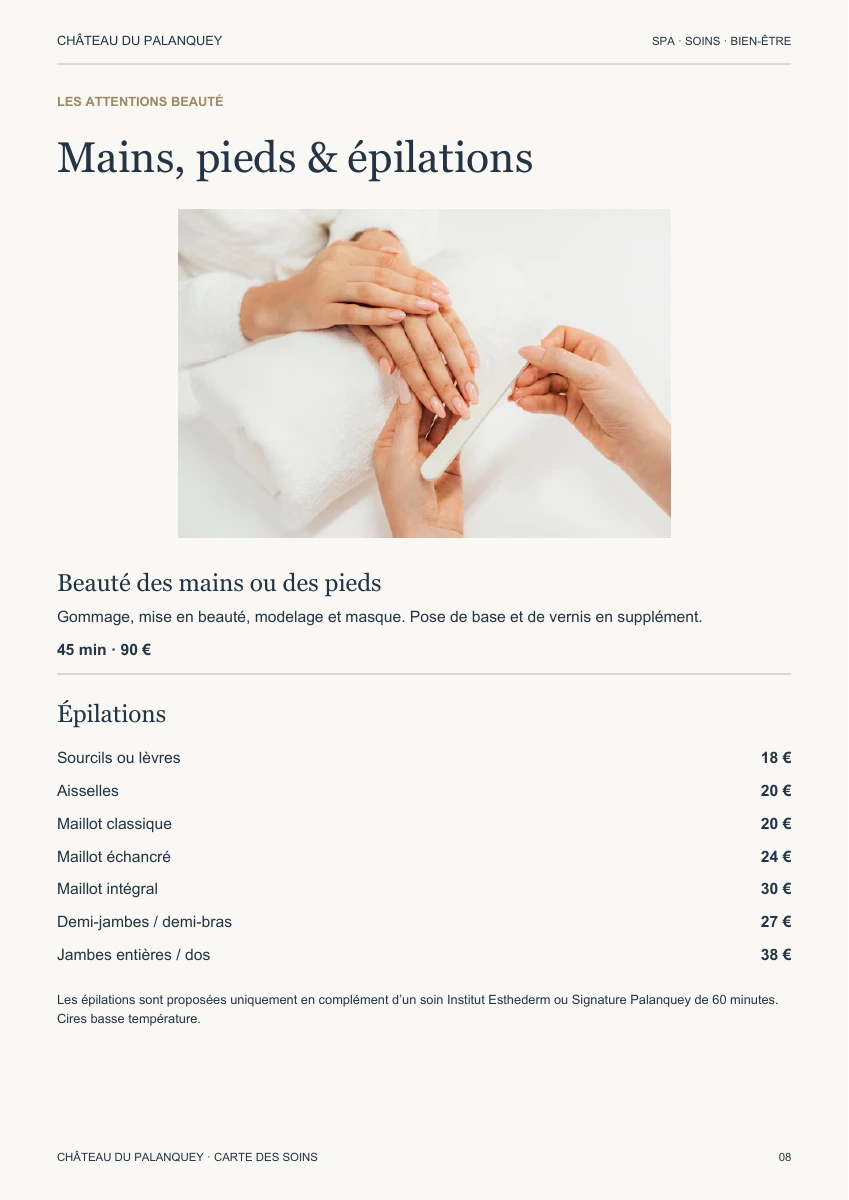 La beauté des mains et des pieds — carte des soins du Château du Palanquey