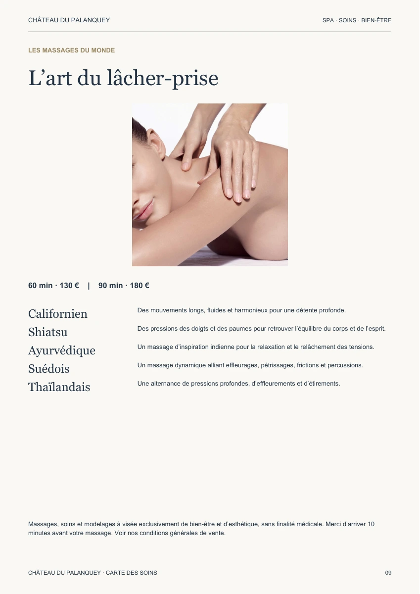 Les massages du monde — carte des soins du Château du Palanquey