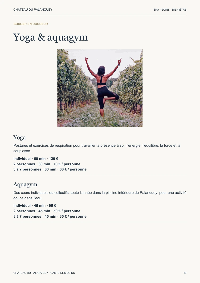 Yoga et aquagym — carte des soins du Château du Palanquey