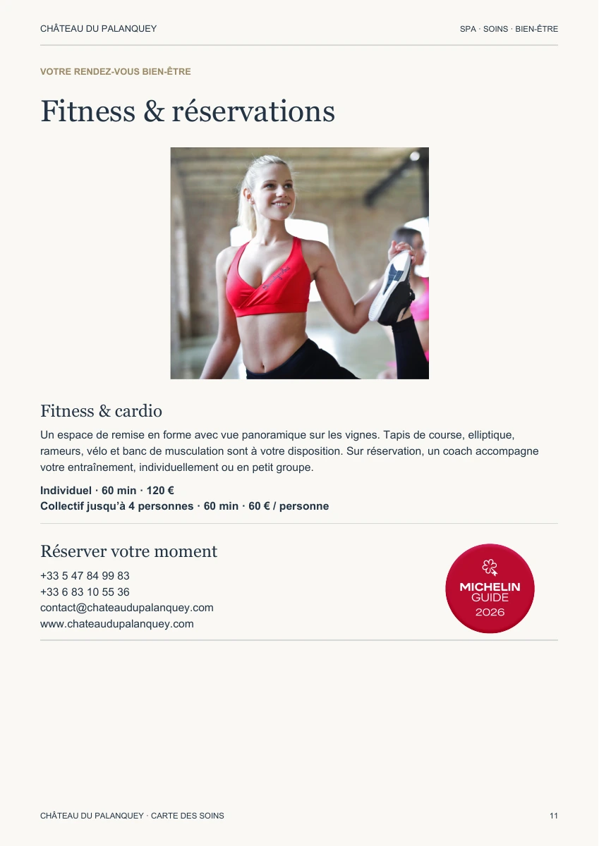 Fitness et réservation — carte des soins du Château du Palanquey