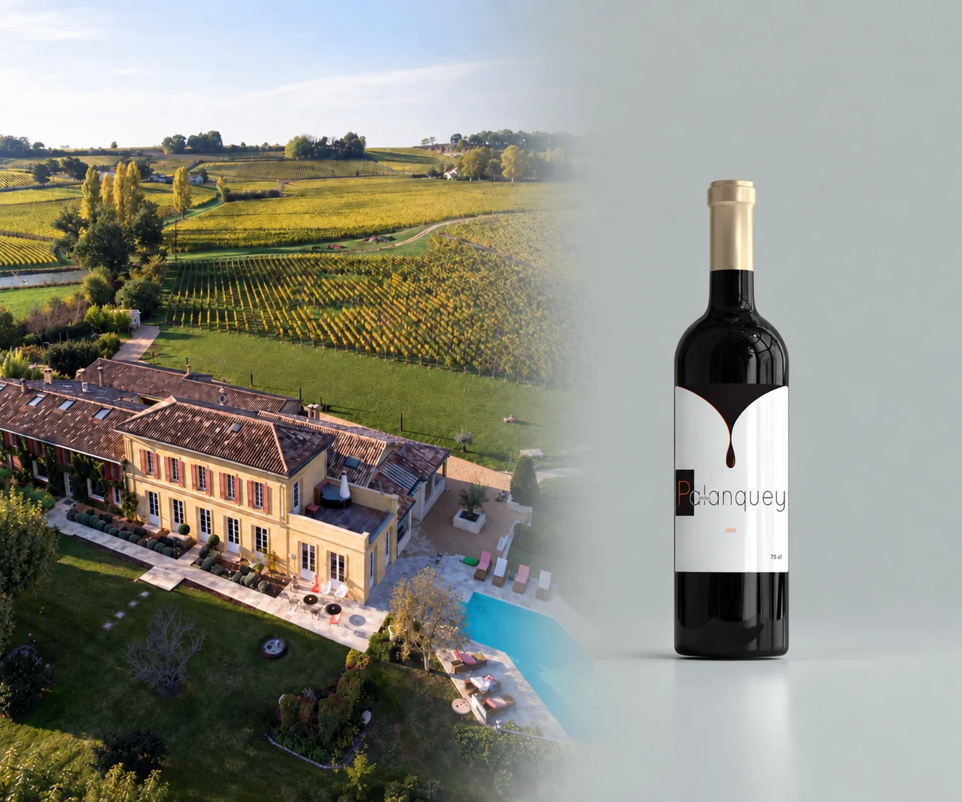 Château du Palanquey, vignobles et bouteille de vin élaboré par l’équipe Angelus Château du Palanquey, vignobles et bouteille de vin élaboré par l’équipe Angelus